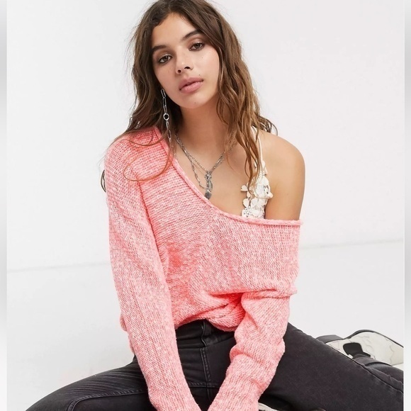 NWT Free People Bright Lights V Neck Sweater Neon Flamingo Sz M - Picture 1 of 11